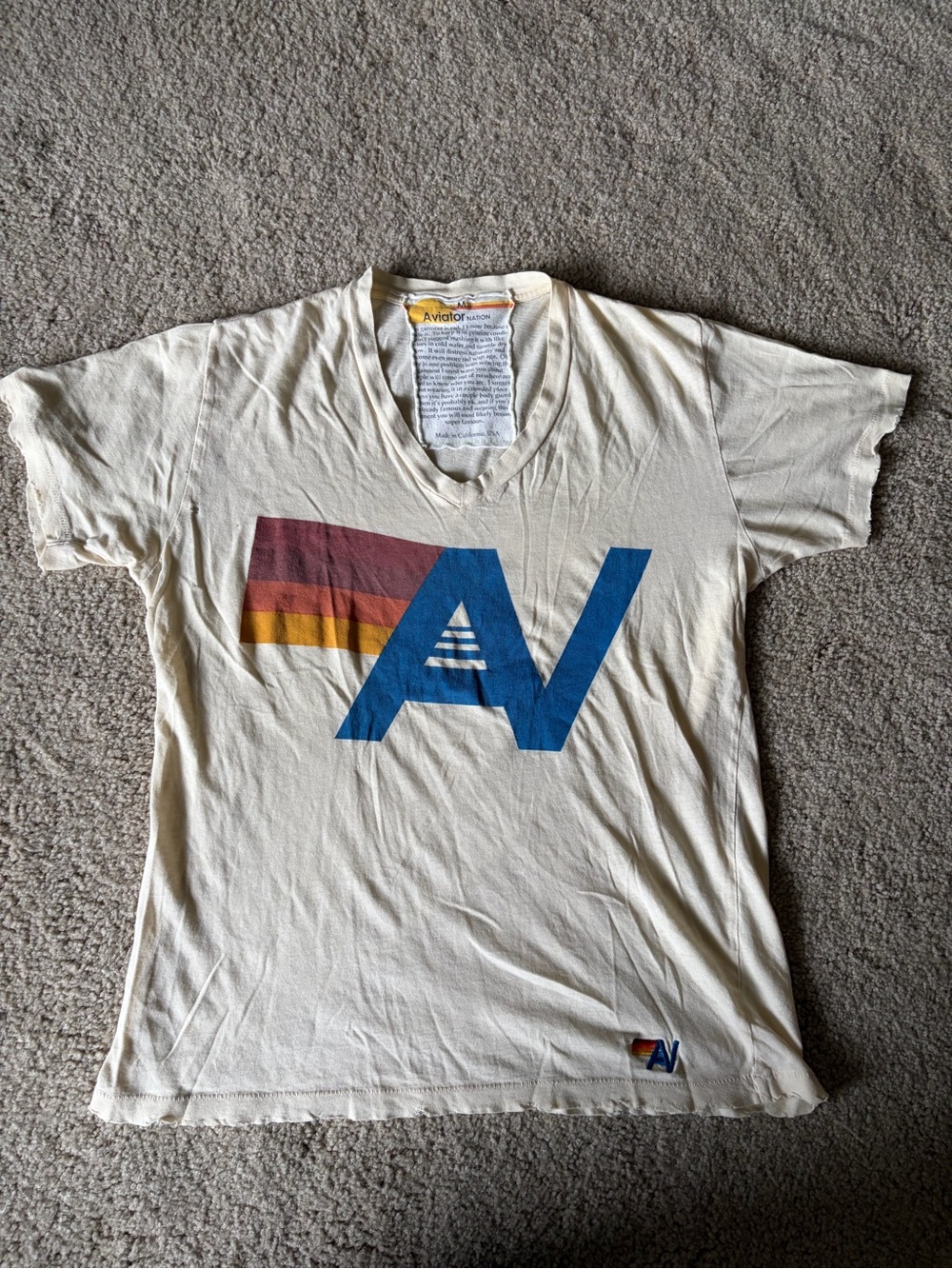 Aviator nation preppy v neck logo graphic tee t-shirt size medium FLAWED